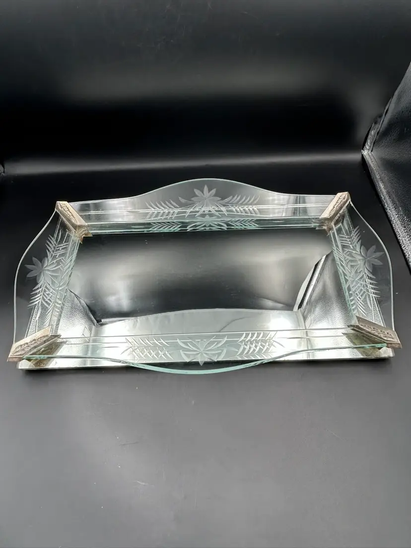 Vintage Art Deco MCM Etched Glass Mirrored Tray, Vanity, Decor