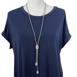 CHICO'S Rhinestone Statement Pave Crystal Lariat Rope Chain Necklace Silver Tone