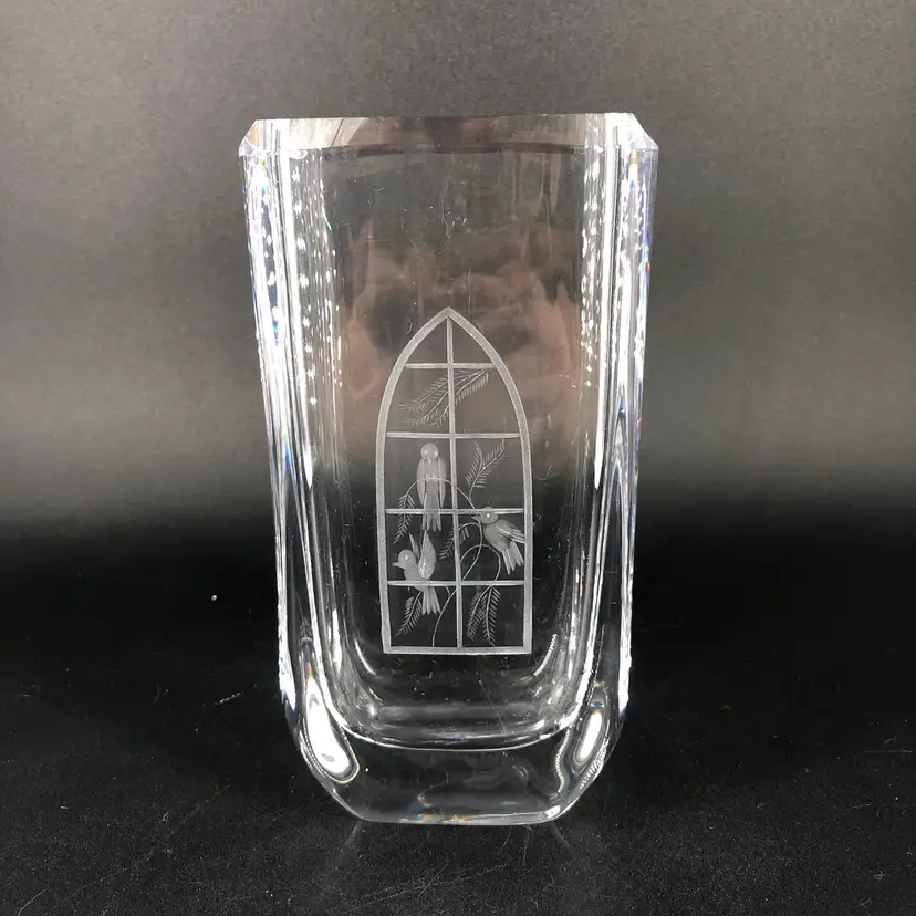 Vintage Signed Skruf Swedish Crystal Glass Etched Window with Birds Vase