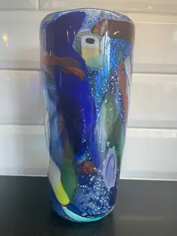 Murano 10” Base Blue W/Multi Colored Glass And Silver Inclusions/ocean