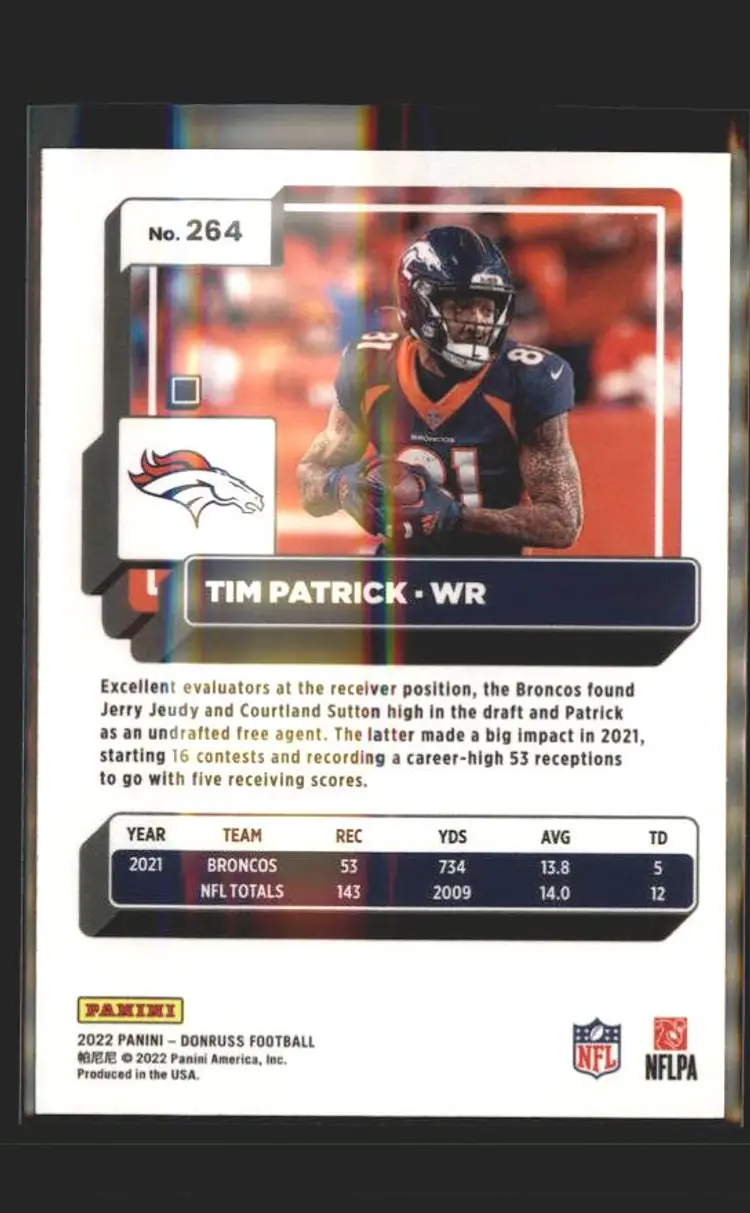 2022 Donruss #264 Tim Patrick Blue Press Proof - (139) - Denver Broncos