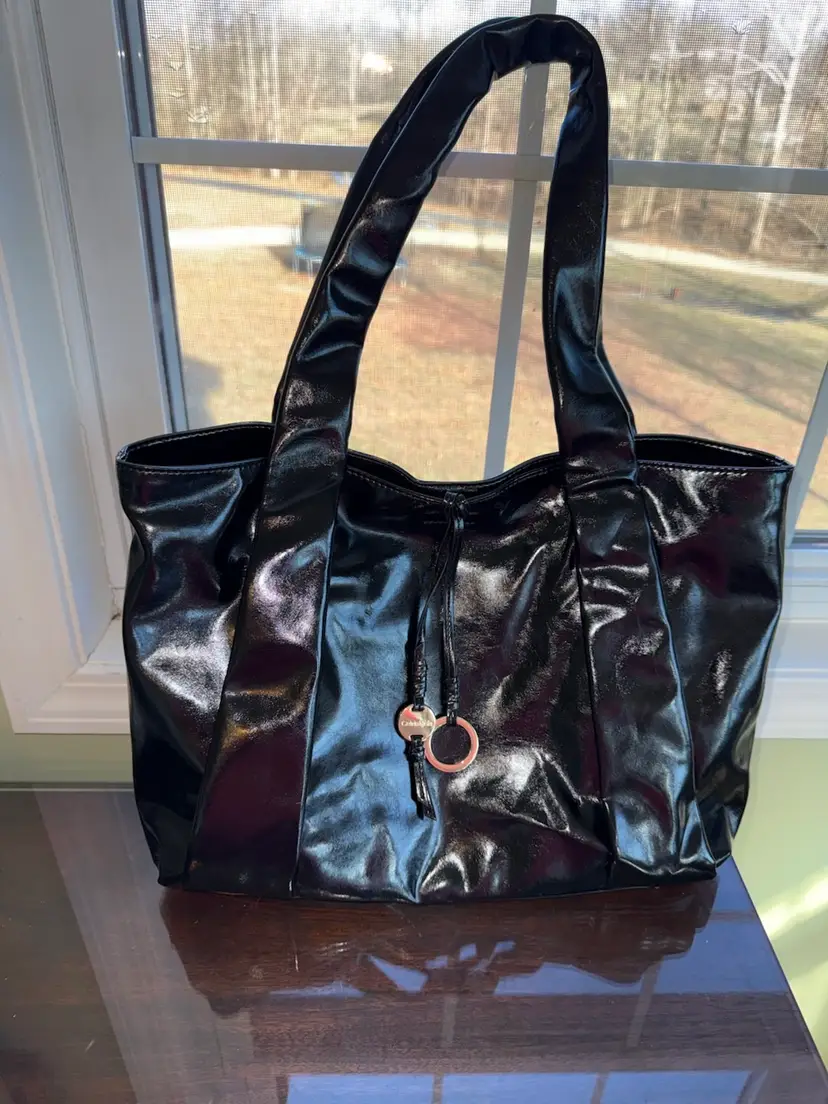 Calvin Klein shiny black Hana novelty handbag/  tote; EUC