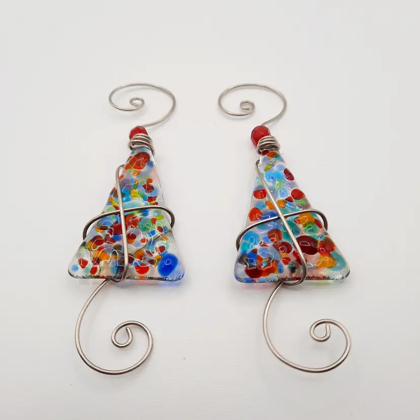 Art Glass Multi-colored Christmas Tree Ornaments Silver Wire Wrapped Set Of 2