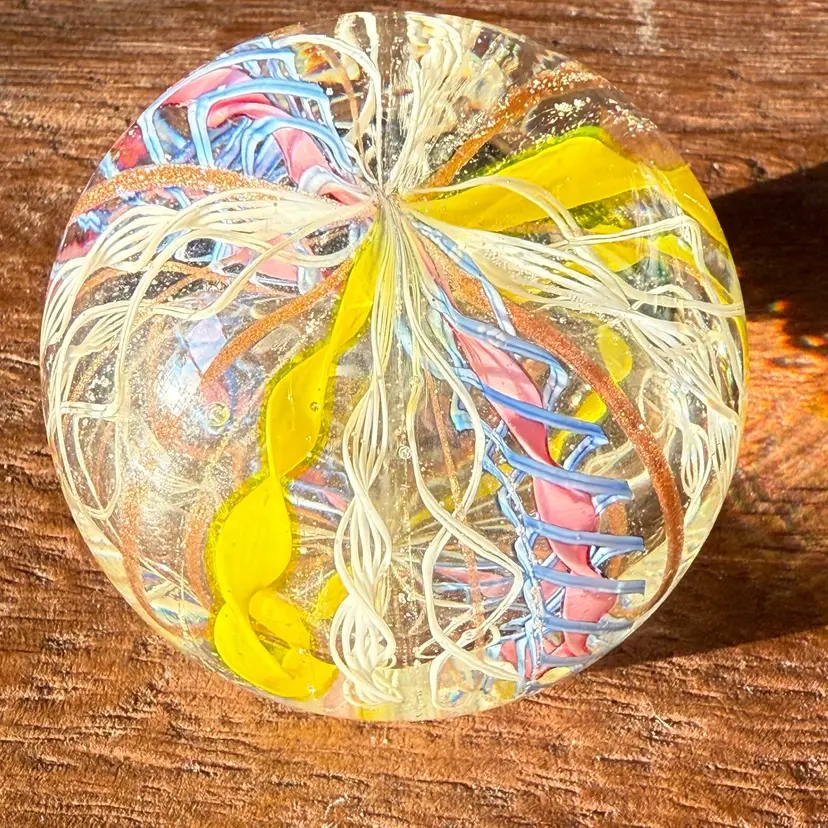 Murano Laticcino And Aventurine Clear Glass Paperweight Unsigned 2.5”