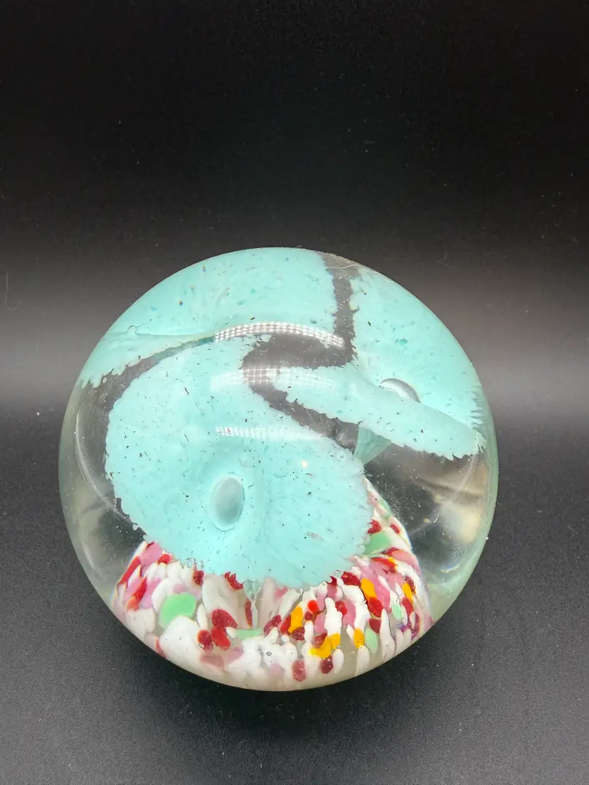 Gentile Glass Blue Trumpet Flowers and Confetti Base Paperweight