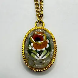 Vintage Italian Oval Micro Mosaic Single Flower Pendant and Necklace, Absolutely Beautiful, Measures 1”, Necklace 16”