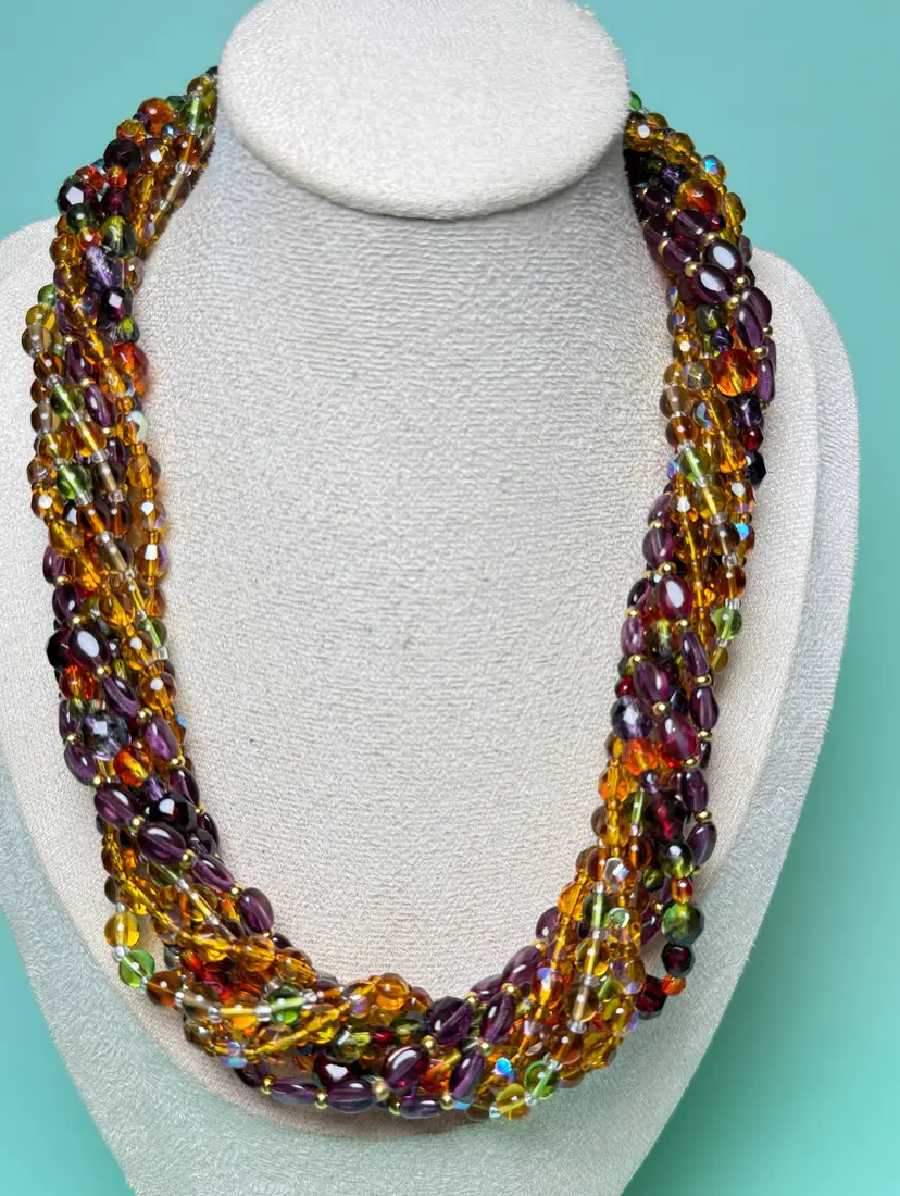 Vintage Joan Rivers 4 Strand Czech Glass Torsade Necklace Multicolor Gold Tone Clip