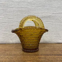 Amber Pressed Glass Basket: Vintage 4 Inch Jeanette Woven Pattern Toothpick Holder (0245-25)