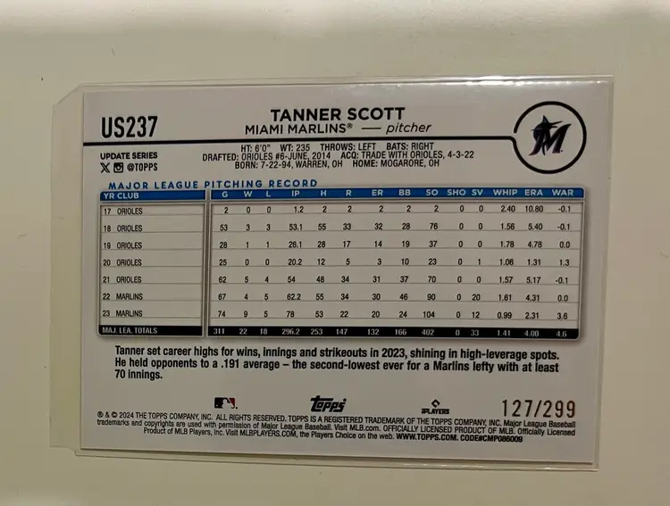 Tanner Scott Orange Crackle Foilboard /299 Miami Marlins