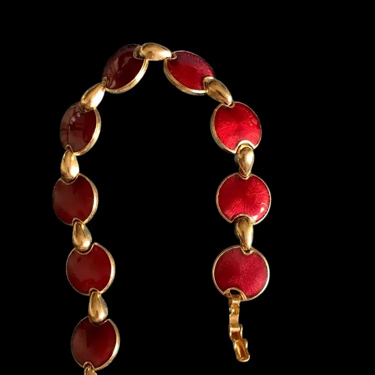 Gold Tone Enameled Cherry Red Link Bracelet With Fold Over Clasp