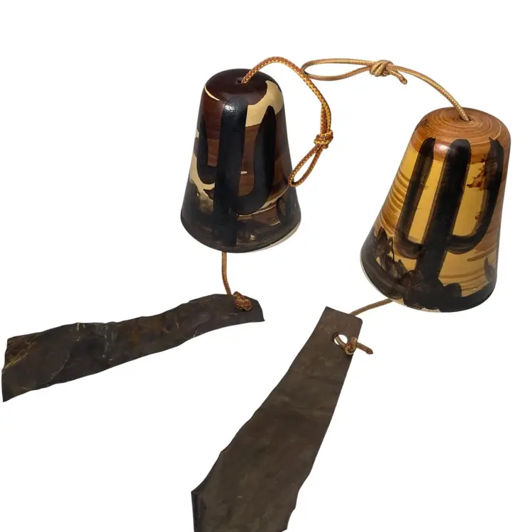 Vintage Pacific Stoneware USA Pottery Wind Bells Chime Southwest Cactus Hand Painted Set of 2