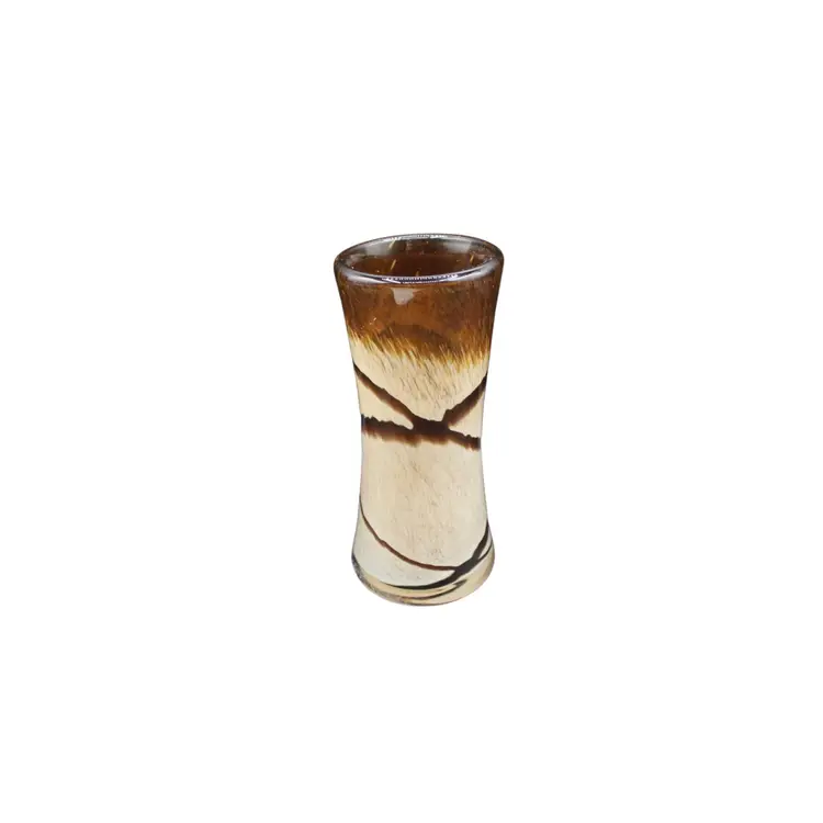 Hand Blown Studio Art Glass Vase 6.25” Tall Brown & Cream Mottled Feather Pattern Modern Decor RW