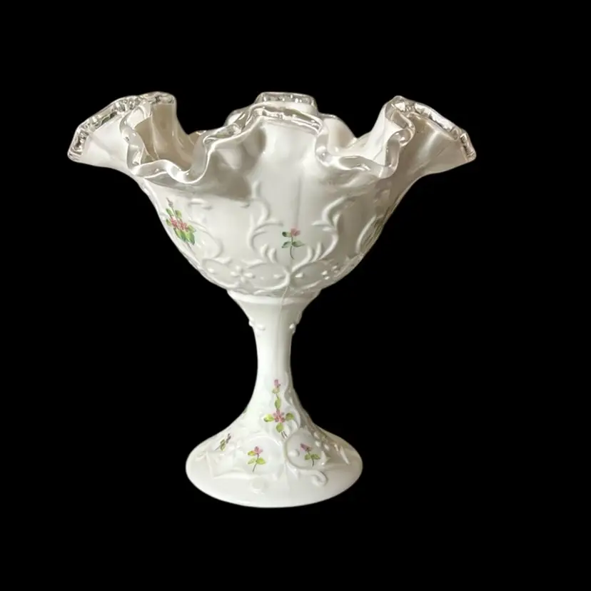 Silvercrest Spanish Lace Violets In Snow Fenton Milk Glass Hand Painted Signed Compote - 7” Tall