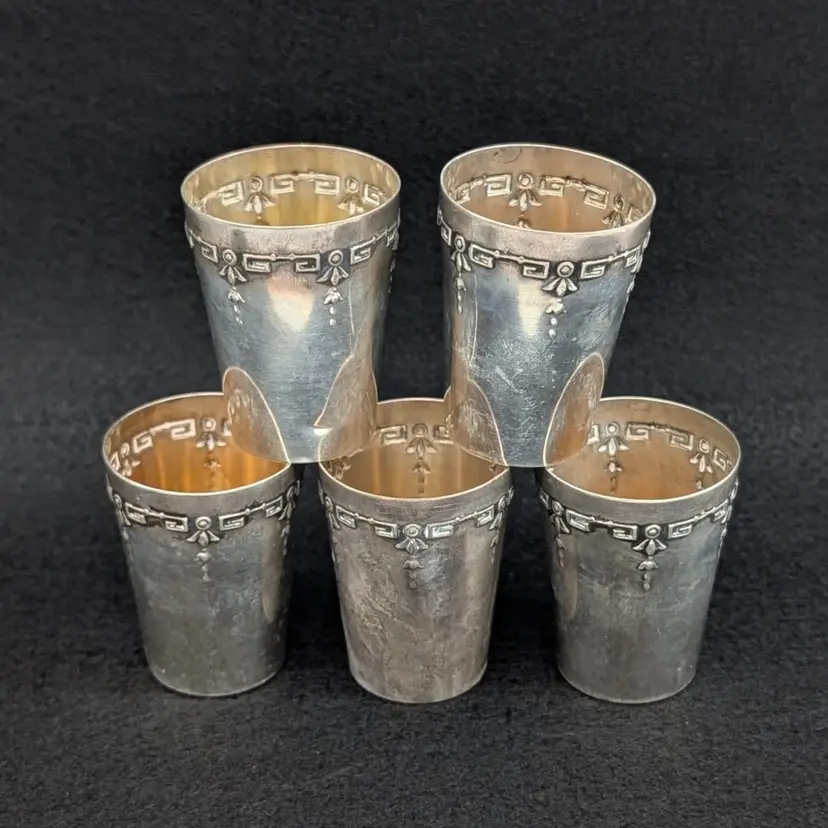 Antique Set of 5 German 800 Silver Shot Cups Art Nouveau Greek Key 77g 1.75"