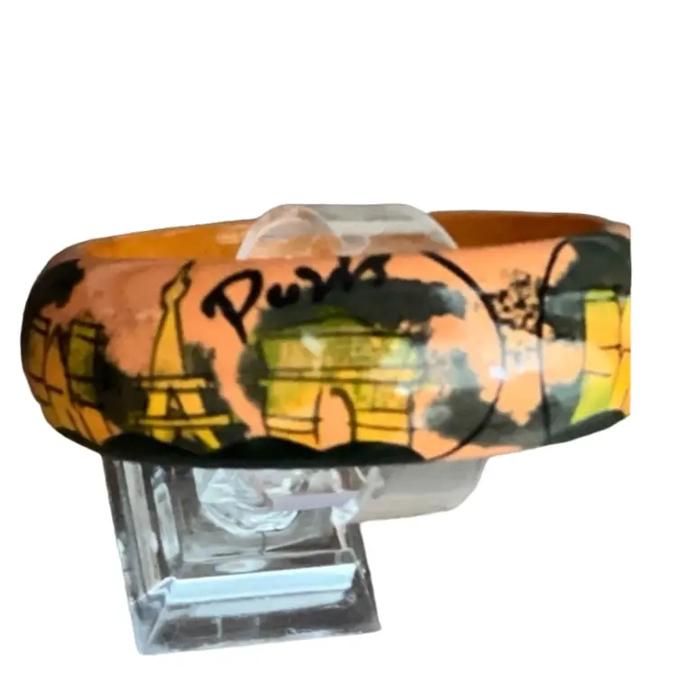 Retro Paris Eiffel Tower Hand Painted Wooden Bangle Bracelet 3 1/4” Peach, Yellow, Green, Brown, Black 
Olympics 