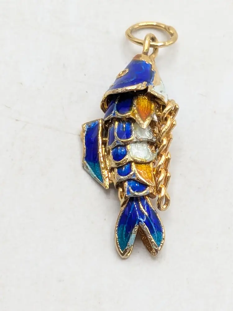 Vintage Gold Tone Enamel Cloisonne Articulated Fish Pendant