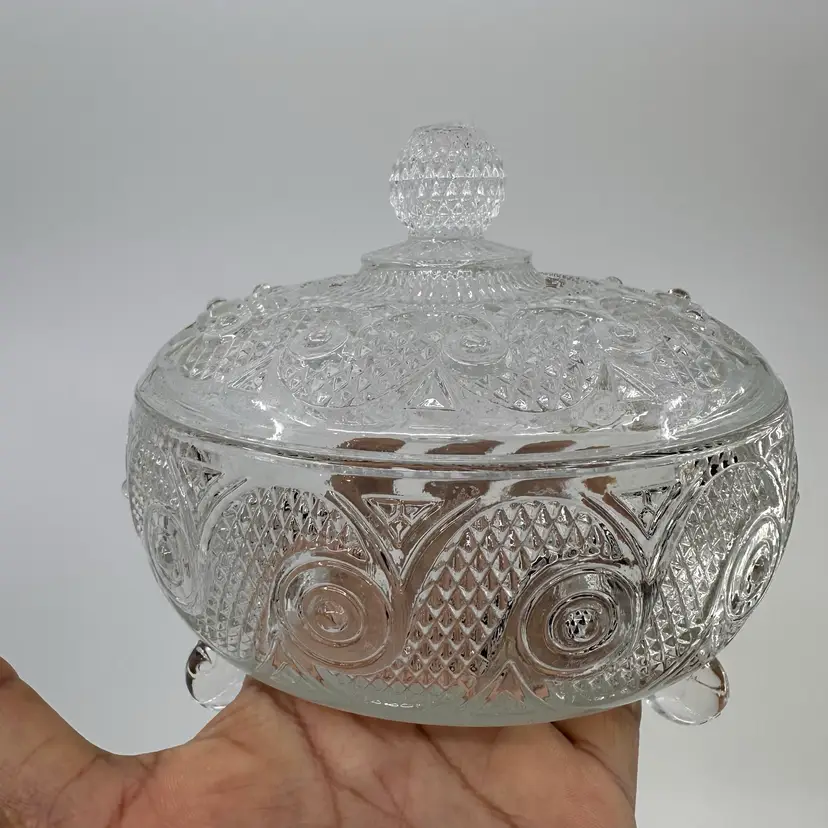 Vintage Avon Footed Round pressed Glass Powder Jar Trinket Candy Dish with Lid
