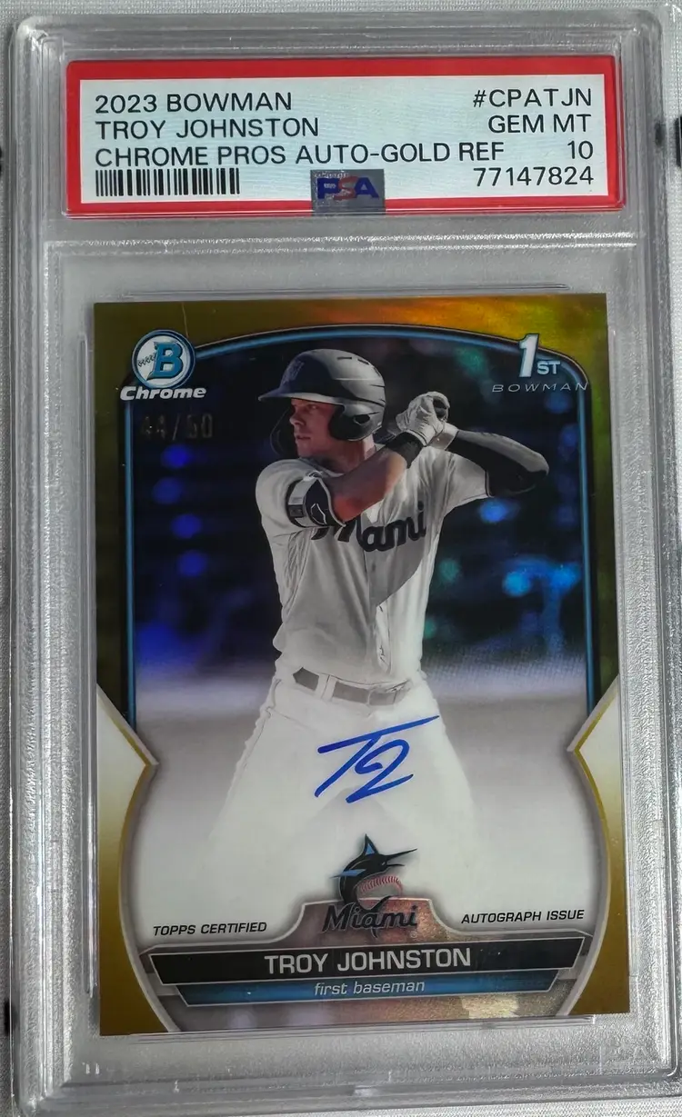 2023 Bowman Chrome Troy Johnston 1st Gold Refractor Auto 44/50 PSA 10 Miami Marlins