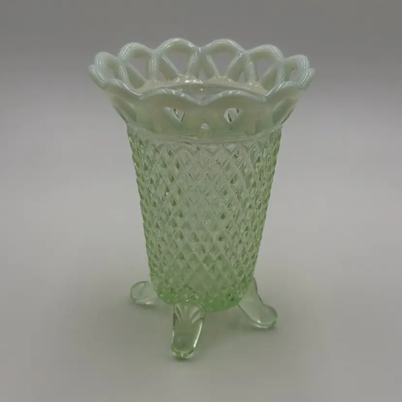 Vintage Imperial Glass Vaseline Katy Green Diamond Point Footed Vase with Opalescent Open Lace Edge
