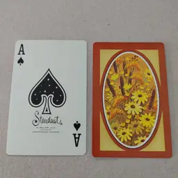 1 Single Swap Card - Playing Card. Vintage MCM. Retro flowers. Stardust. Made in MN. Ace of Spades. Dimension 2.5 x 3.5. Read description.