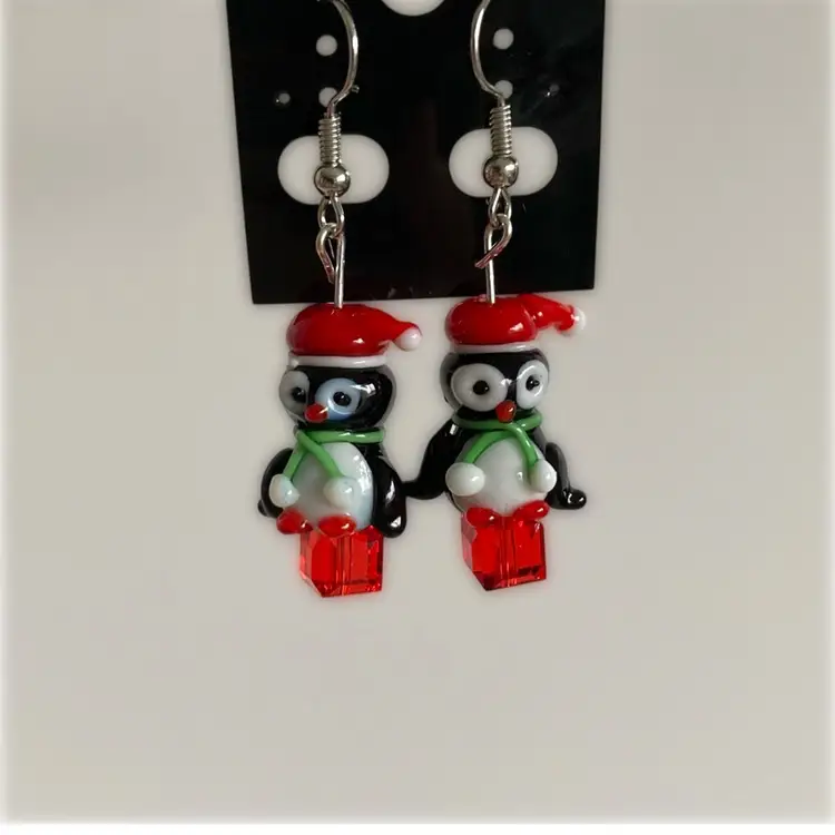 Vintage Handmade Lampwork Glass Penguin Earrings on Silver Hooks