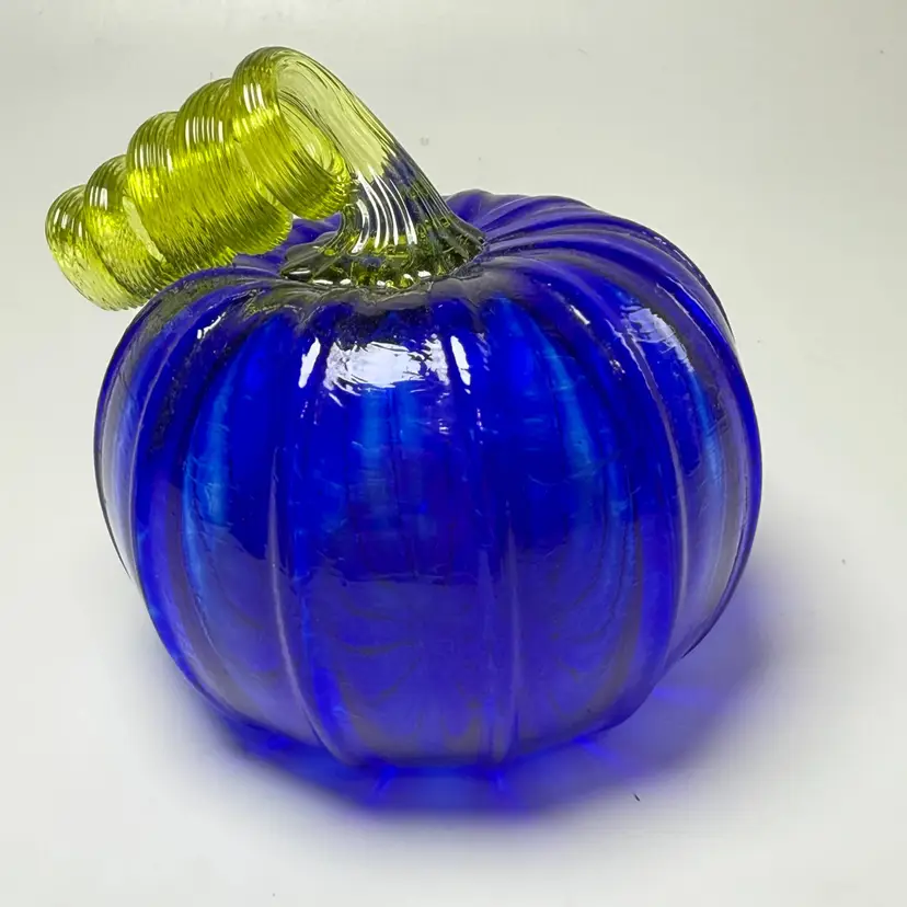 Liberty LCW Craftworks Cobalt Blue Blown Art Glass Pumpkin Signed Greenfield