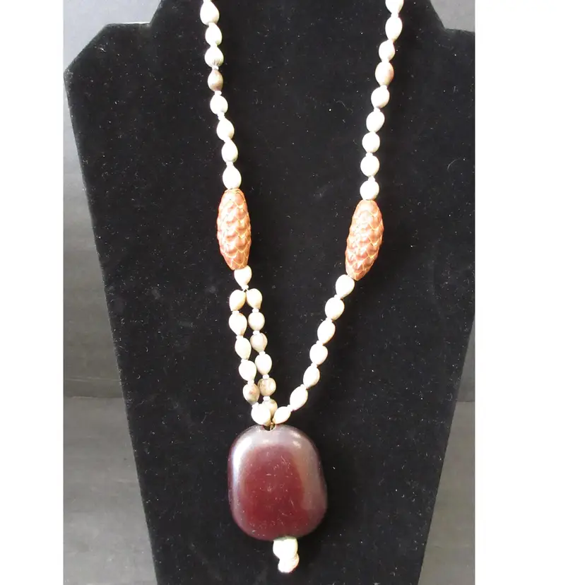 Vintage Hawaiian Kukui Nut Bead Continuous Necklace with Large Kukui Pendant - 24 Inches Long - BOHO