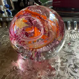 Vintage Art, Glass, Variegated Oranges And Purples Bubbles Paperweight Marked Made By ME