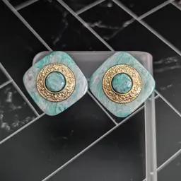Vintage Stud Earrings Seafoam Green & Gold Tone Large Statement