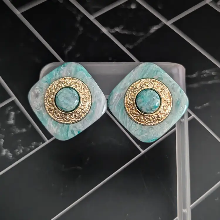 Vintage Stud Earrings Seafoam Green & Gold Tone Large Statement