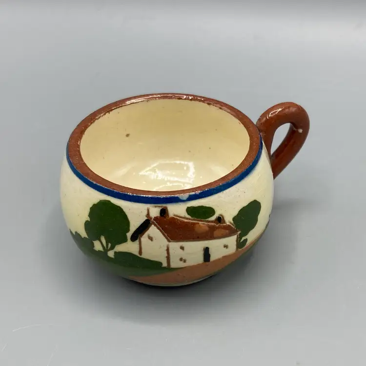 Devon Motto Ware (DMW) Miniature Ceramic Tea Cup with House Scene and Motto "Waste Not Want Not"