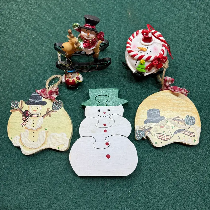 Variety Snowmen Ornaments 1 Standup 1 Snowman Wooden Puzzle Lot Of 6