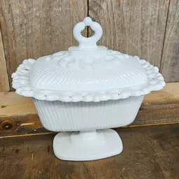 Indiana Milk Glass Pedestal Dish With Lid and Laced Edge