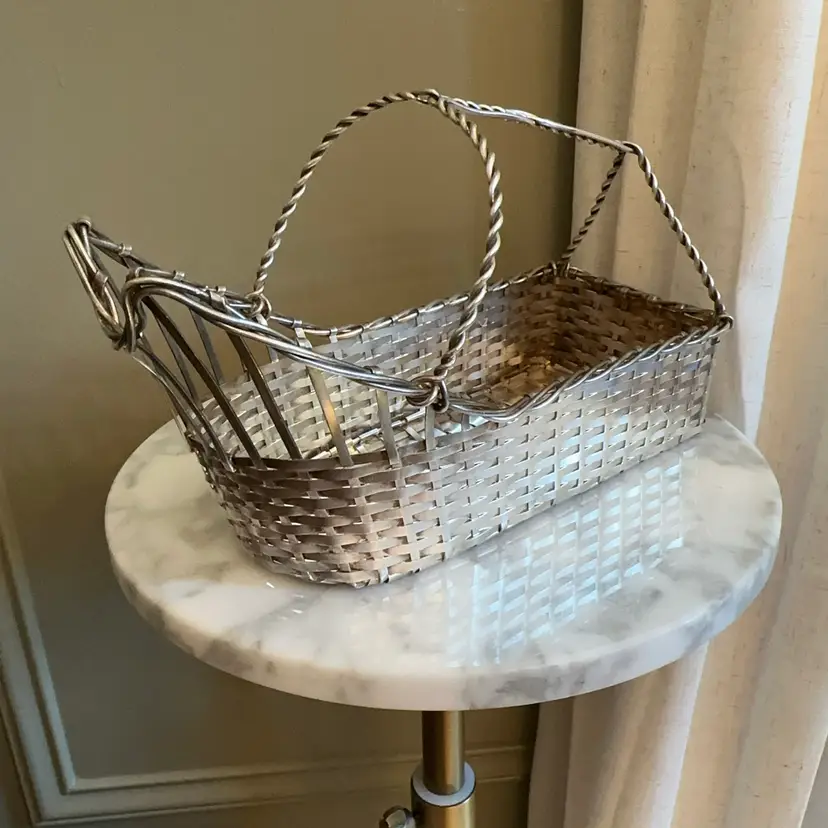 🔔 Silver Plate Woven Wine Bottle Basket Caddy - Circa 1960s