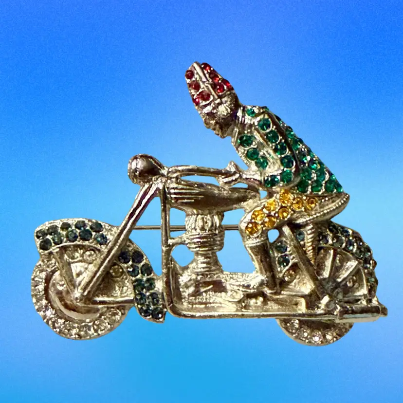 Vintage Multicolor Rhinestone Shriner On Motorcycle Silvertone Brooch