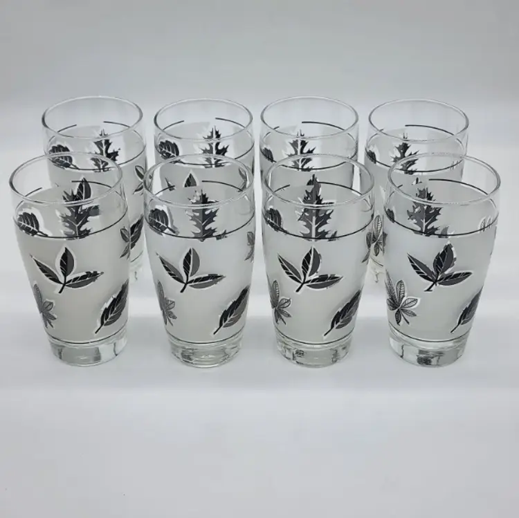 Vintage Libbey Glass Company Frosted Silver Leaf Juice Glasses (8)