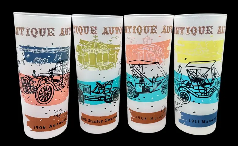 Set 4 Vintage Tumbler Drinking Glass Frosted Antique Autos Barware Cars 6.75”