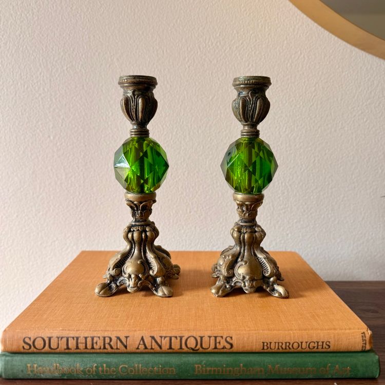 Pair of Mid Century Green Lucite and Brass Candlestick Holders | Hollywood Regency Style Decor