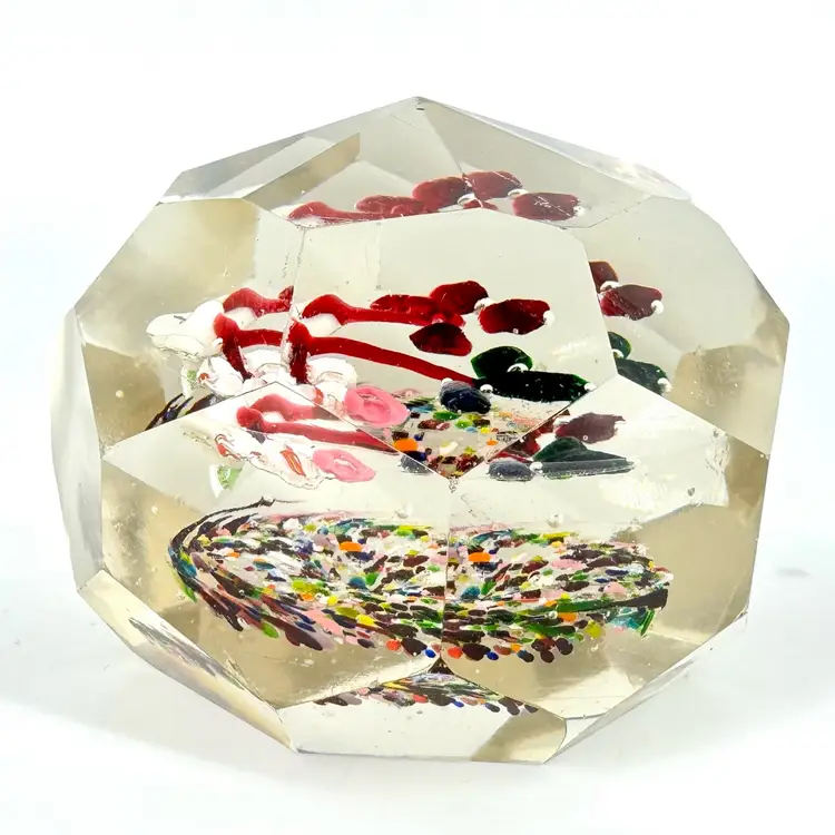 Antique Faceted Clear Glass Multi Color Flowers Paperweight (AS IS)