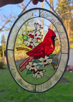 Leaded Stain Glass Cardinal Suncatcher 7" x 5 "