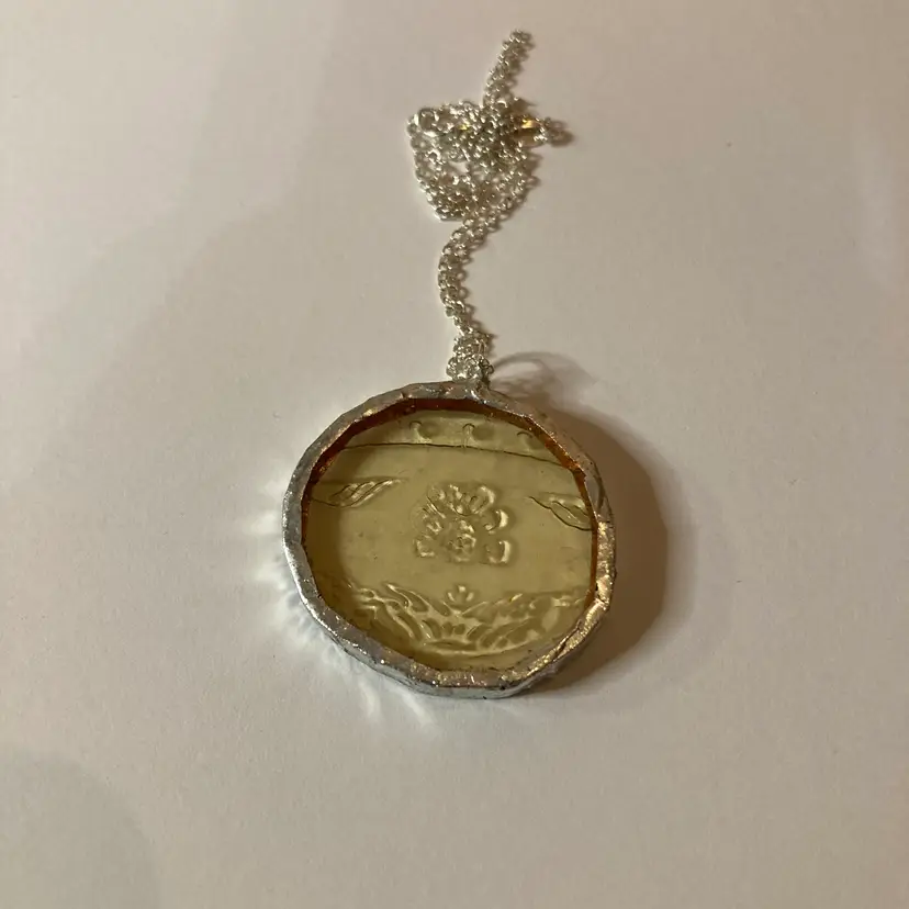 Artisan Made Pendant Yellow Depression Glass Plate Handcrafted Necklace 1 3/8 in x 1.5 in