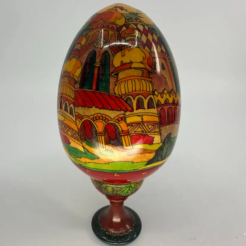 Russian Hand Painted Village Scene Egg On Matching Stand 1996 Signed