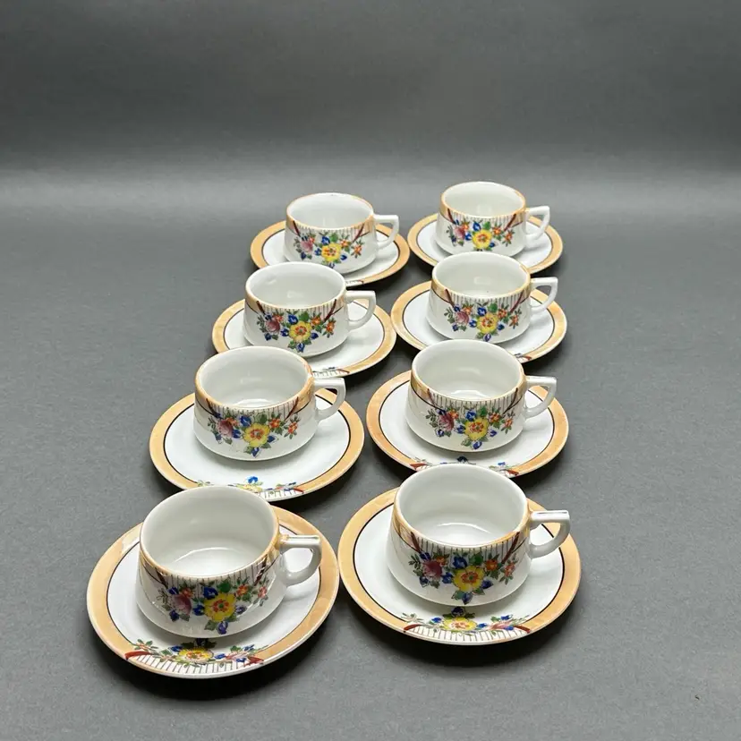 Vintage Set of 8 Floral Peach Lusterware Demitasse Cups and Saucers. Marked Orlando Coffee Store NYC Made in Japan