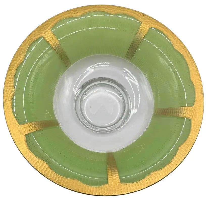 Vintage Mid Century Centerpiece Serving Bowl Reverse Painted Gold Green 10”