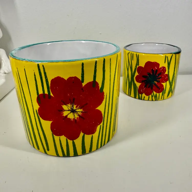 ITALIAN Ceramic FLOWER POTS/Planters Hand Painted Pair 90s ITALY Spring Decor