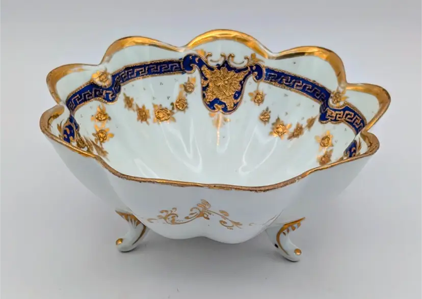 Vintage Mikado Extra Porcelain Footed Bowl, White with Cobalt Blue & Gold. Japan