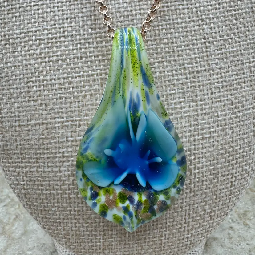 Art Glass Pendant Necklace On A Rose Gold Tone Chain