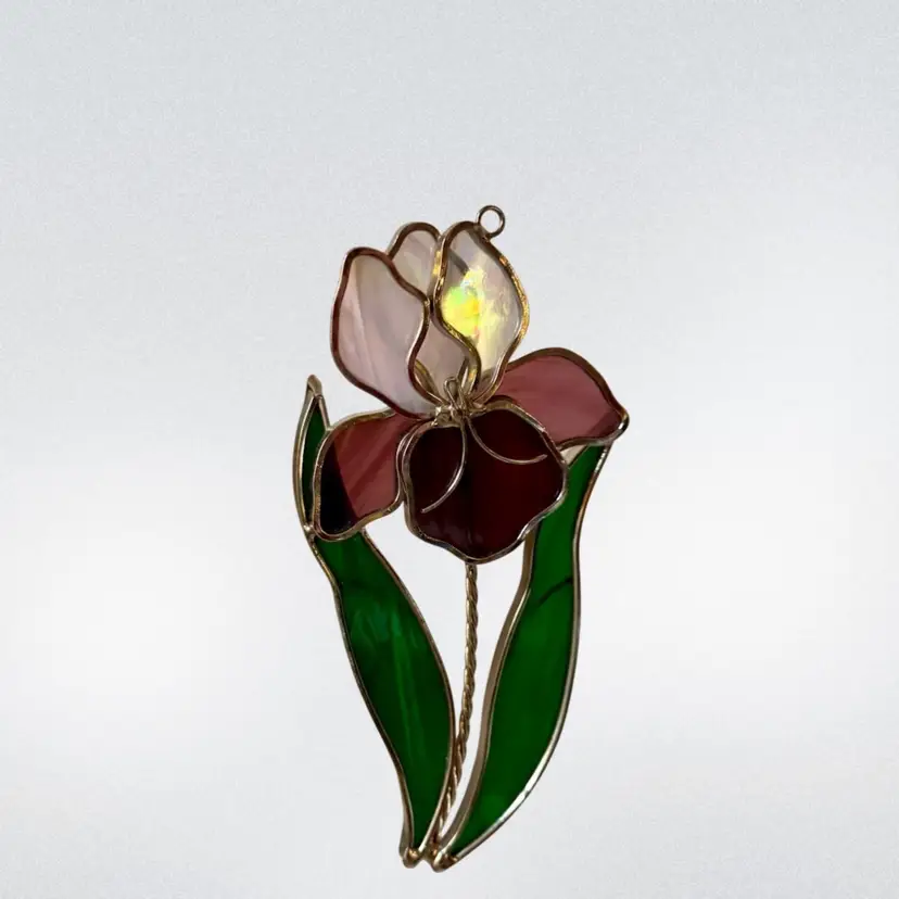 Iris Sun Catcher Purple White Iridescent Green Stem
7” L x 3-1/2” W