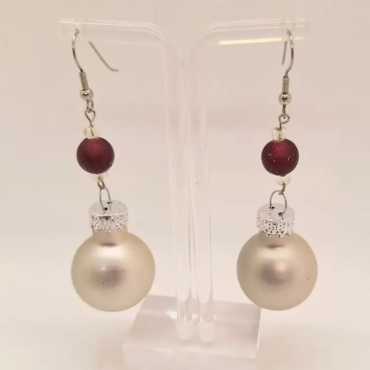 Christmas Ornament Earrings Silver Satin Ball Red Bead