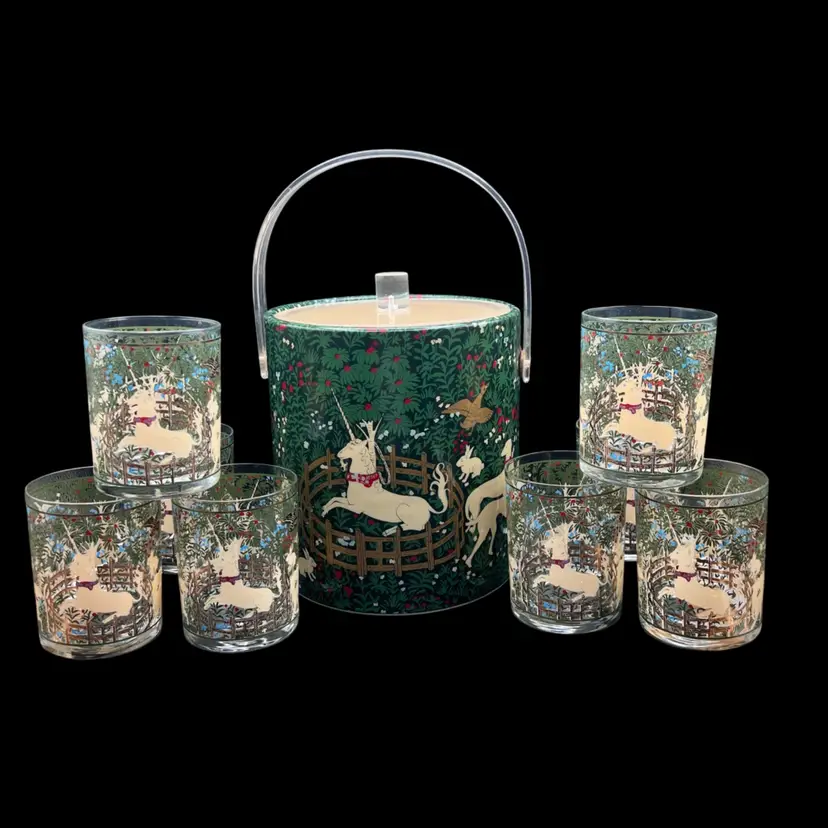 #127B Vintage MCM Cera Glassware Hunt Of The Unicorn Ice Bucket and 8 Glasses With 22k Gold Accents
Enchanted Forest/Mythical Stories
Similar Scenes From Ancient Tapestries Of Hunted And Captured Unicorns